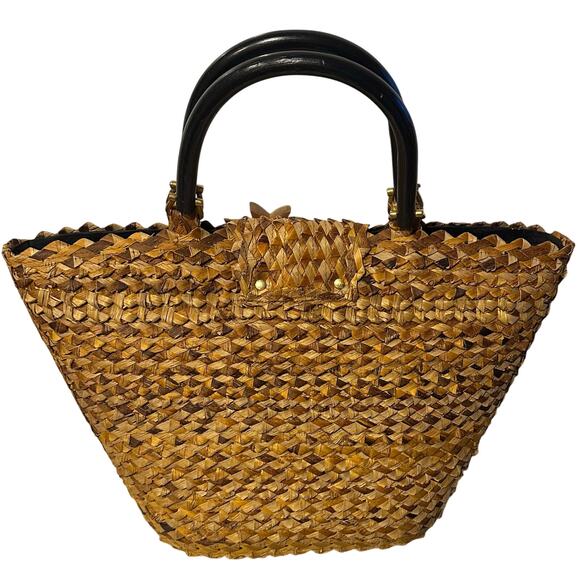 Wicker Straw Woven Handbag Wooden Pinapple Double Wooden Handles Beach vacation - Picture 10 of 10